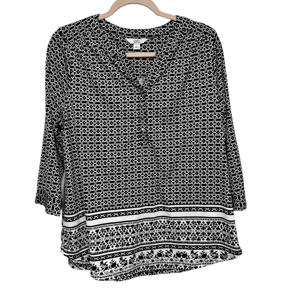 Croft And Barrow Womens Popover Blouse Size L 3/4 Sleeve V-Neck Geometric Print